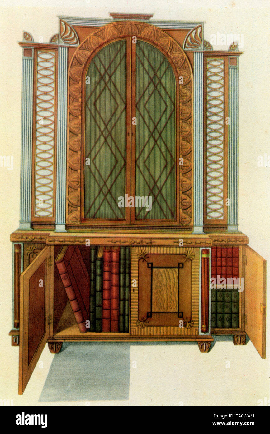 Entwurf für ein Bücherregal, 1805. Von Thomas Sheraton (1751-1806). Dieses Design ist dem Buch von Sheraton aus dem Jahr 1805 „The Cabinet-Makers, Upholsterer and General Artist's Encyclopedia“ entnommen. Stockfoto