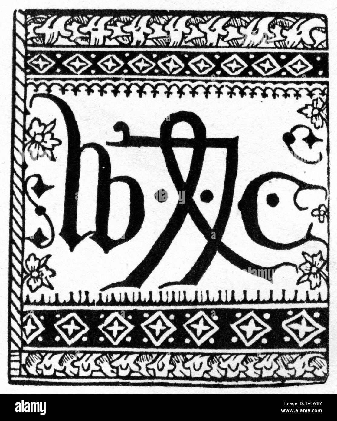 Marke oder Gerät des Druckers von Caxton, 1478. Von William Caxton (c1415-1422-c1492). Caxton war ein englischer Kaufmann, Diplomat, Schriftsteller und Drucker. Caxton gilt als erster Engländer, der als Drucker arbeitet und als erster eine Druckmaschine in England eingeführt hat. Stockfoto
