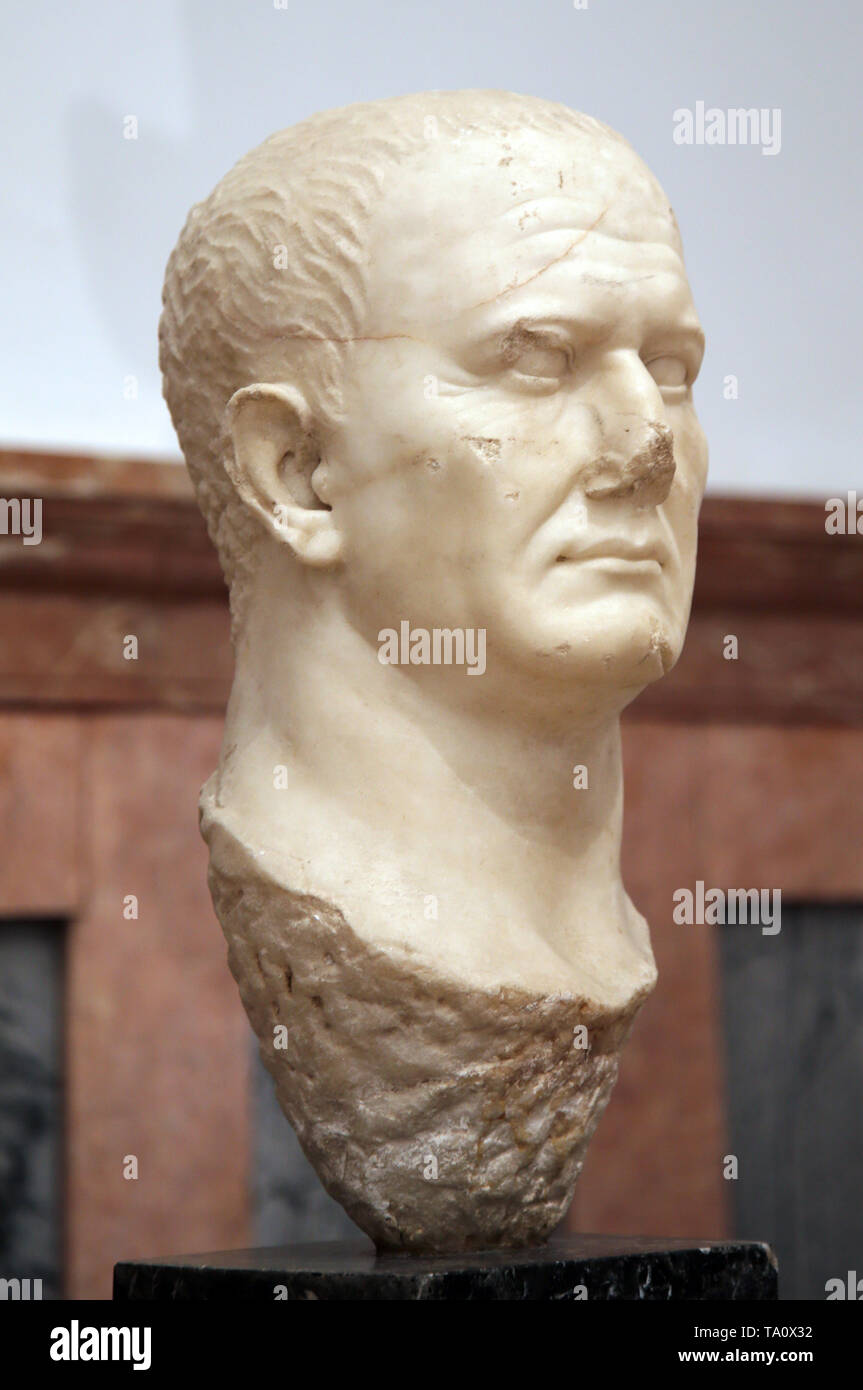 Büste des Kaisers Vespasian (9-79 AD). Marmor. Von Ecija, Andalusien, Spanien. Das archäologische Museum von Sevilla. Andalusien. Spanien. Stockfoto