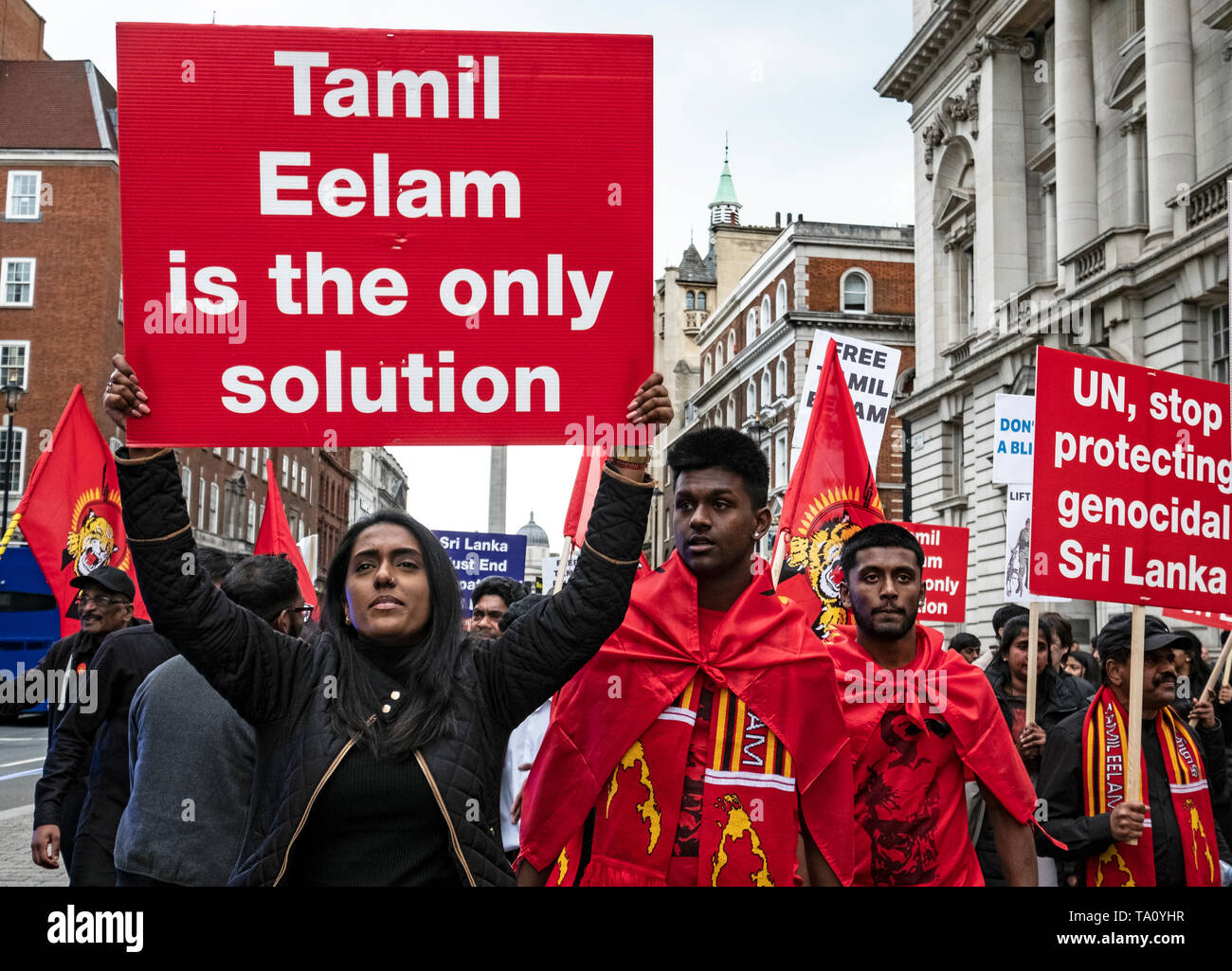 Am zehnten Jahrestag, Tamilen versammeln sich in London den Völkermord von 2009, als die tamilischen Menschen waren an den Händen des srilankischen Militärs massakriert zu erinnern. Über 140.000 tamilischen Menschen wurden vermisst. Stockfoto