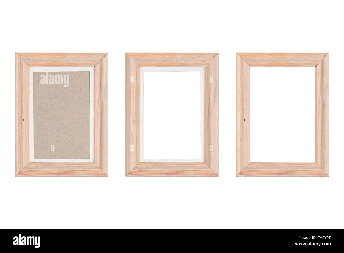 Set mit drei Holz Bilderrahmen mit Passepartout, isoliert auf weißem Stockfoto