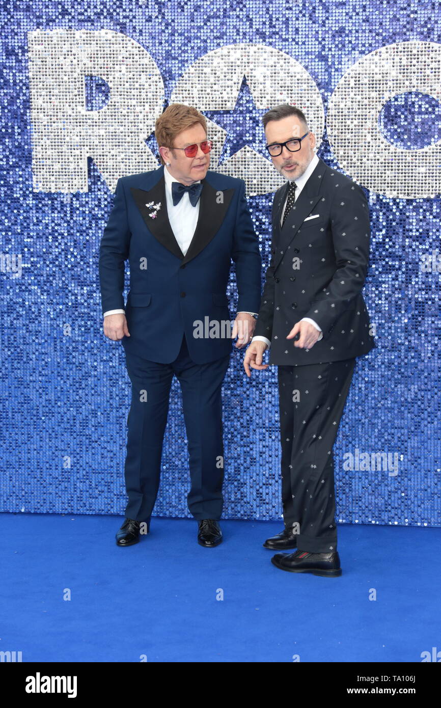 LONDON - 20. MAI 2019: Sir Elton John und David versorgen besucht die Rocketman Film Premiere Stockfoto