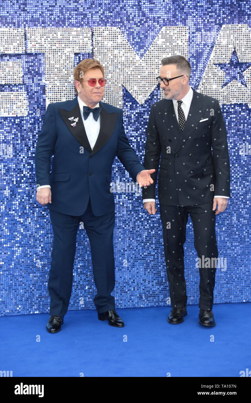 LONDON - 20. MAI 2019: Sir Elton John und David versorgen besucht die Rocketman Film Premiere Stockfoto