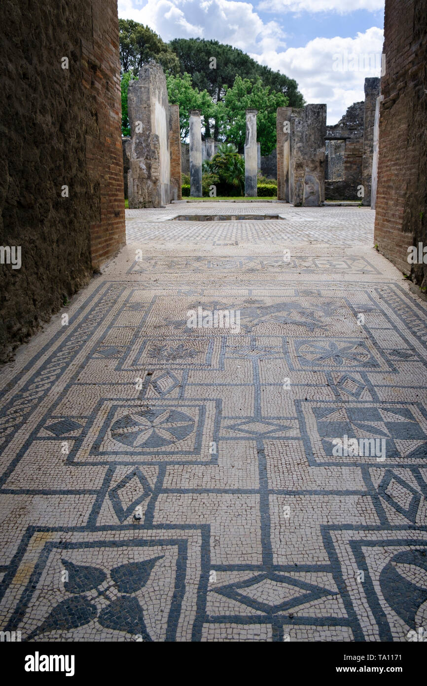 Freigelegte Mosaikboden des zerstörten Villa in Pompeji die antike römische Stadt in der Nähe von Neapel in der Region Kampanien Stockfoto