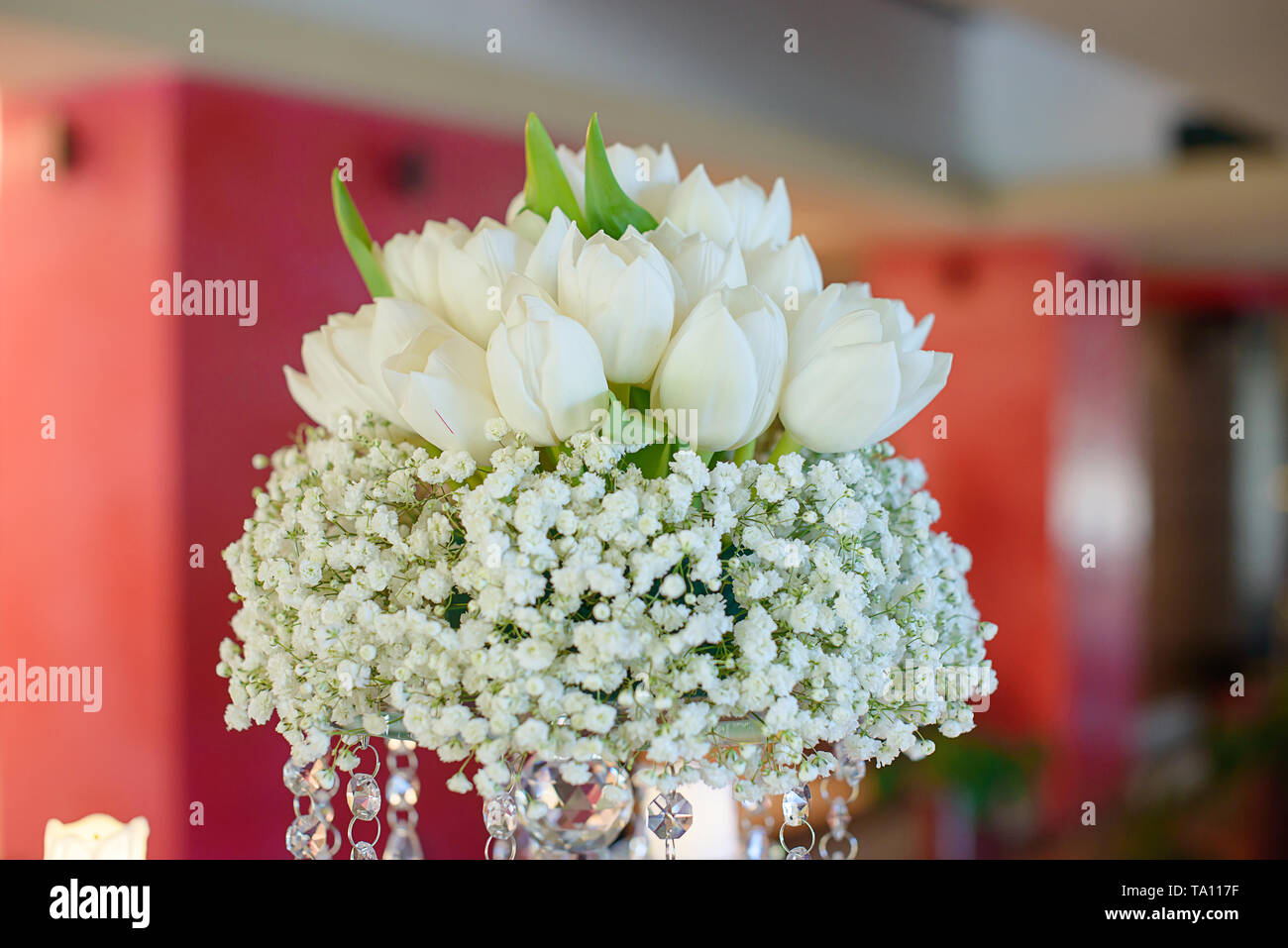 Blumenschmuck, formale Esstisch Mittelstück mit einem Cluster von reinen weißen Tulpen auf einem dicken base Bouquet von Baby's - der Atem einstellen Stockfoto