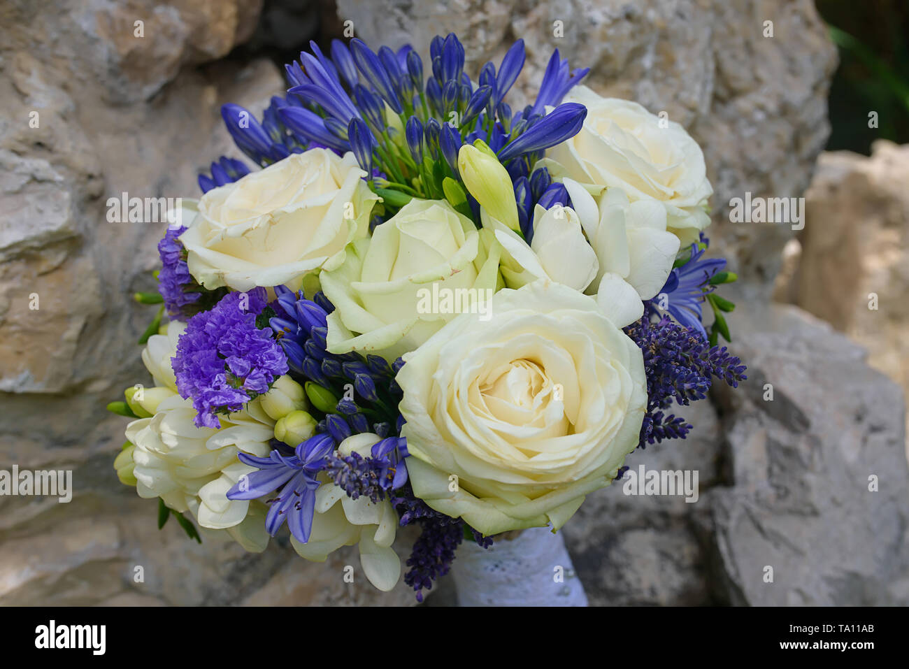 Lebendige, bold Bridal runder Strauss mit Elfenbein Rosen, frischem Lavendel, Freesien und Krokusse und Hyazinthen, Blumenschmuck Ideen für die Braut. Stockfoto