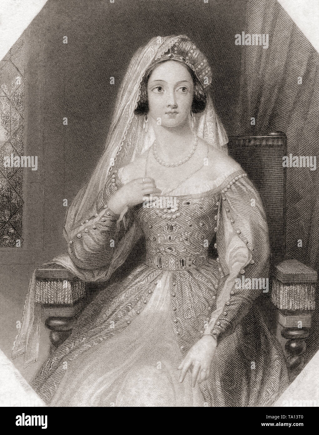 Queen Katherine. Wichtigste weibliche Figur aus Shakespeares Henry VIII. Von Shakespeare Gallery, veröffentlicht C 1840. Stockfoto