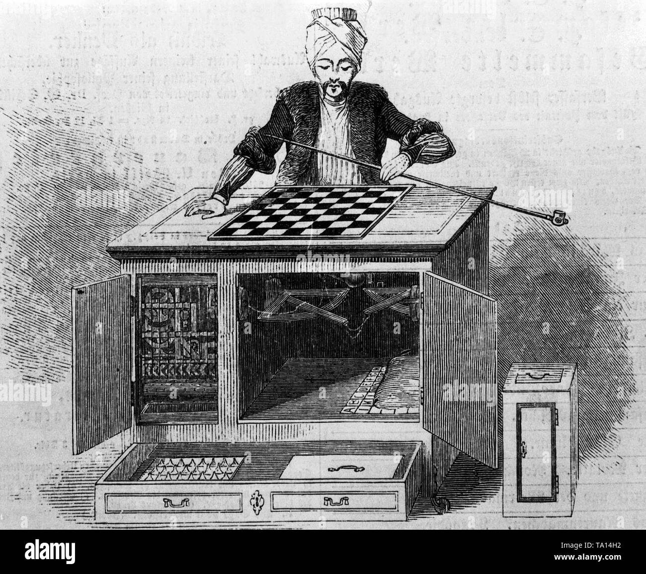 Ein "Chess Machine' von Wolfgang Kempelen in Bratislava gebaut, überrascht und erfreut, alle interessierten Parteien zwischen 1770 und 1810. Der Automat Abbildung eines Turk bewegt die Schachfiguren mit 'anmutigen Bewegungen und Einfallsreichtum. (Napoleon spielte auch gegen ihn - und verloren das Spiel.) Stockfoto