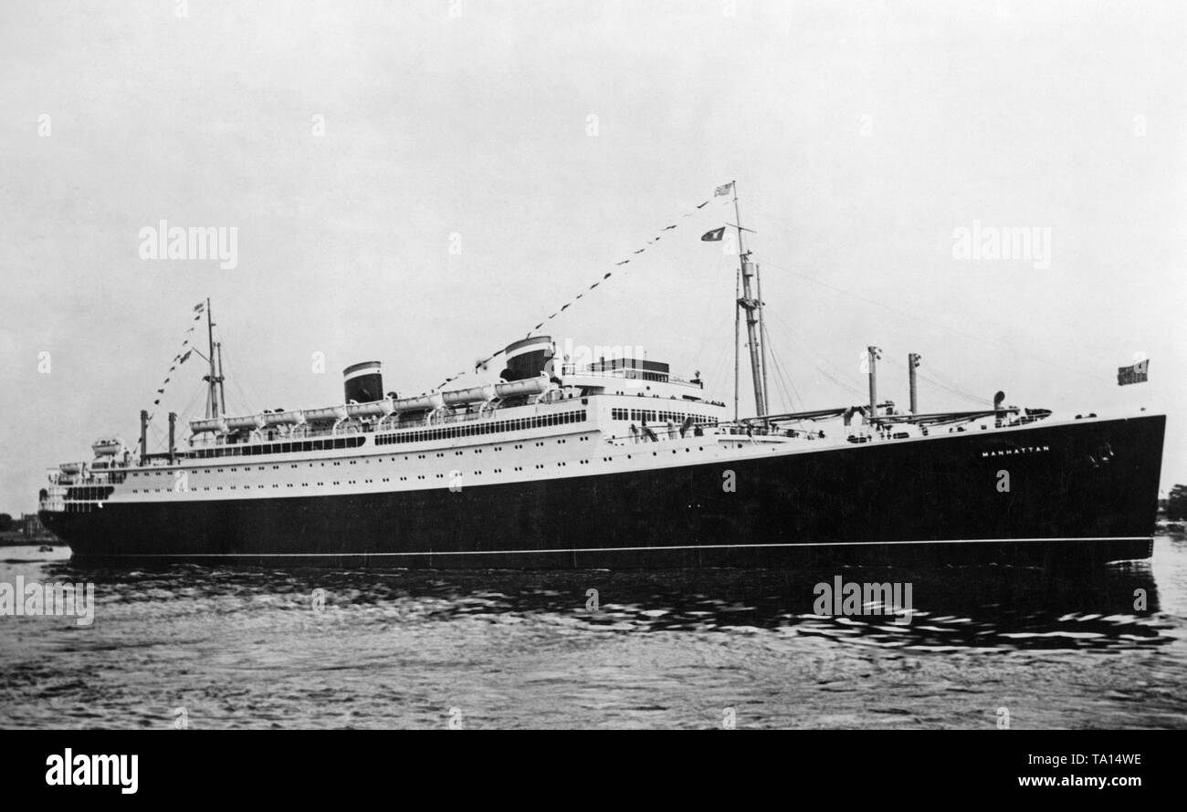 Die amerikanische transatlantischen 'Manhattan' auf seiner Jungfernfahrt im Jahre 1932 nach Hamburg. Stockfoto