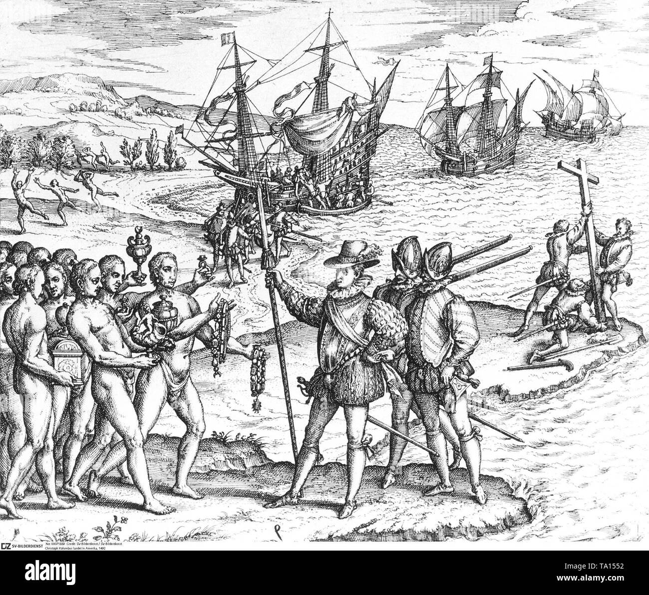 Christoph Kolumbus in den Besitz der Insel Hispaniola (das heutige Haiti) für die spanische Krone. Das Bild zeigt, wie die Spanier versuchen Kontakt mit den Indianern zu etablieren. Stockfoto