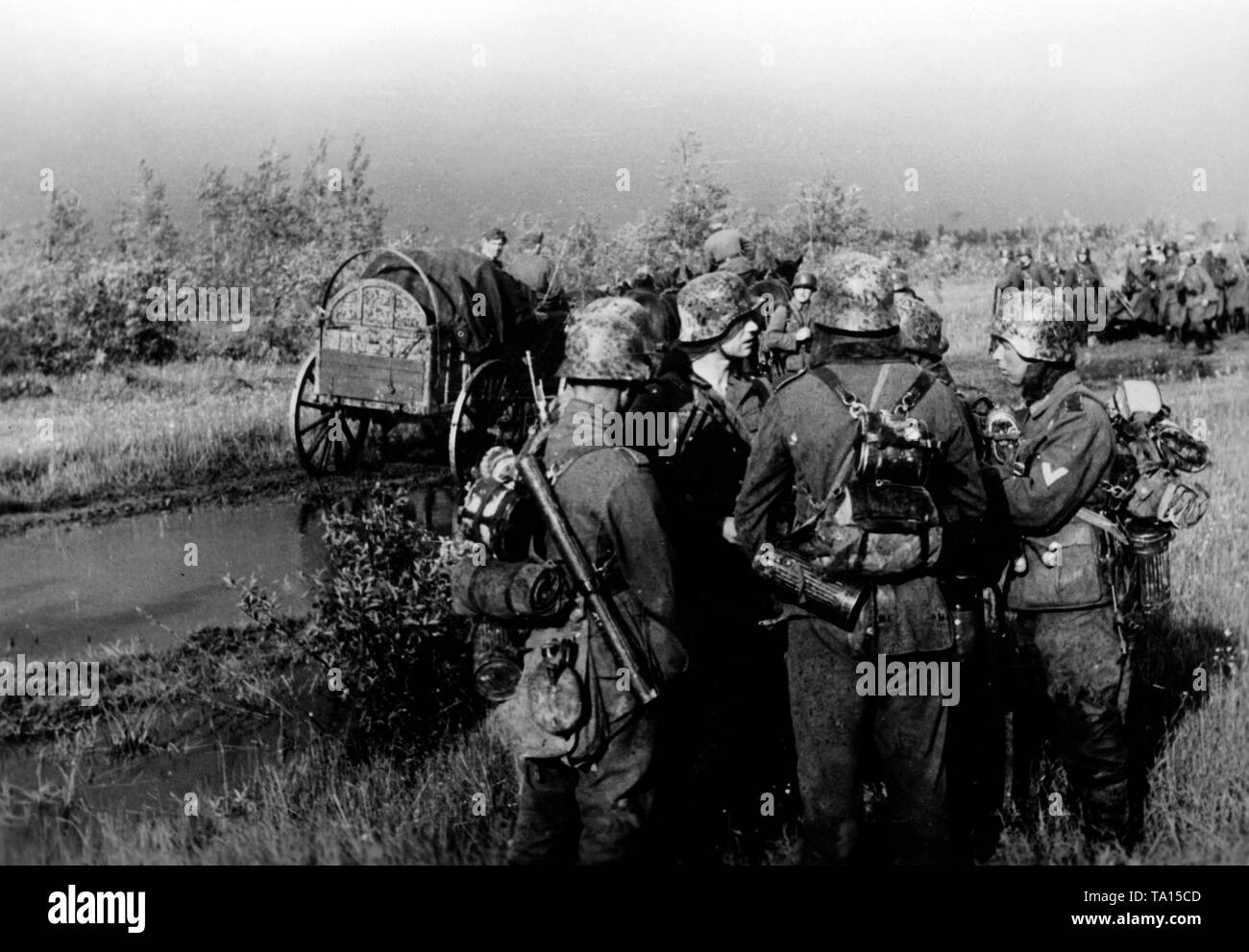 Briefing der Deutschen Infanteristen in unwegsamem Gelände bei Onufrijebo am Donez vorne. Das Pferd Karren und Helme der Soldaten haben ein fleckiges camouflage Muster. Kriegsberichterstatter: Greven. Stockfoto