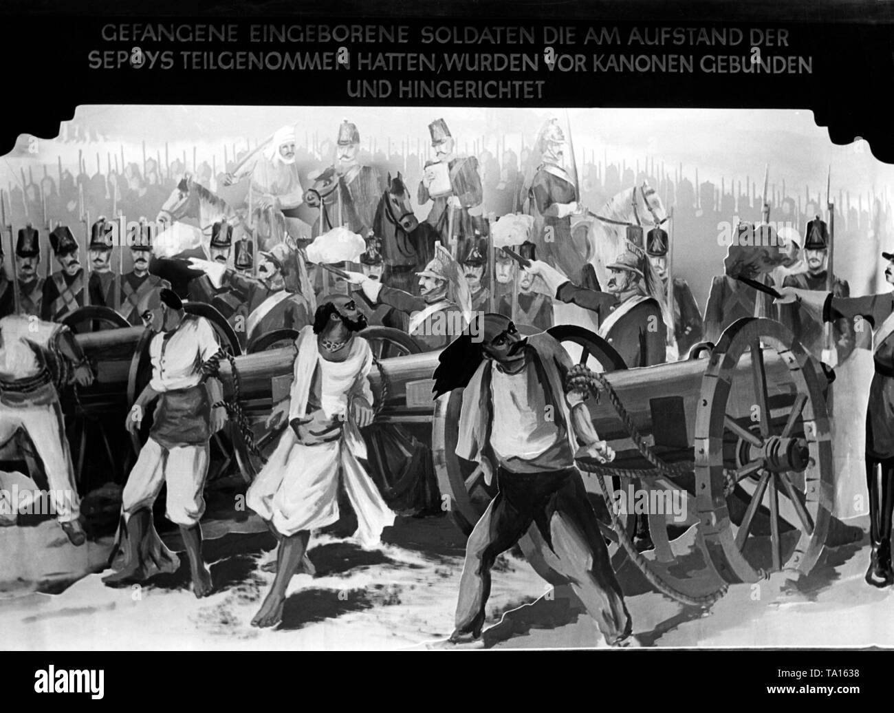 Diese anti-Britische Propaganda Exponat der Ausstellung "raubstaat England" im Rathaus Schöneberg zeigt Gefangene der Aufstand der Sepoys (Inder), die durch die Briten im Jahr 1857 gedämpft wurde. Foto: Hoffmann Stockfoto