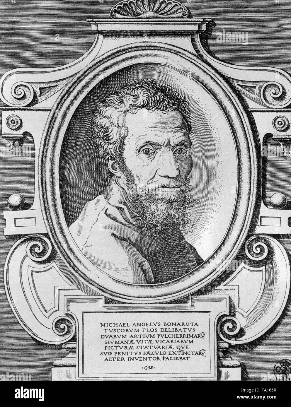 Michelangelo Buonarroti, italienischer Bildhauer, Maler, Architekt und Dichter. Portrait von Giorgio Ghisi Mantuano. Stockfoto