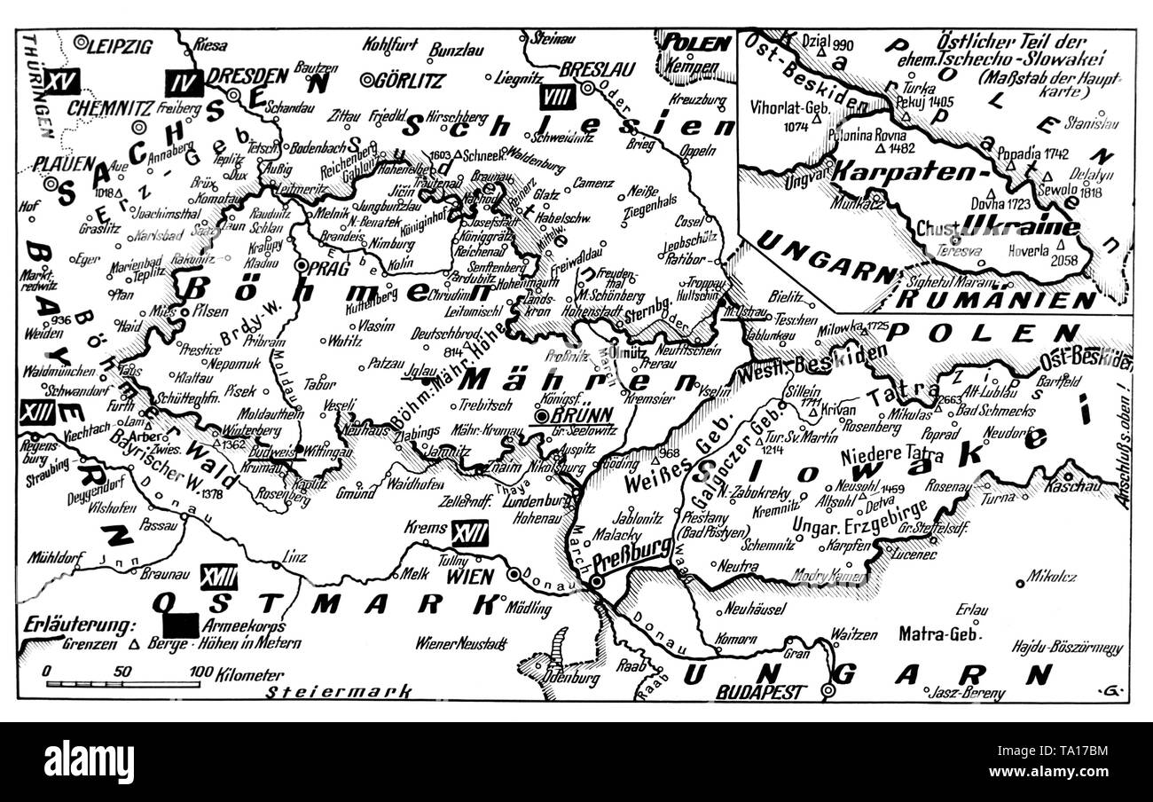 Eine Karte der German-Czechoslovakian Grenzgebiet. Die schwarzen Rechtecke mit römischen Ziffern repräsentieren die Armee Korps. Stockfoto Eine Karte der German-Czechoslovakian Grenzgebiet. Die schwarzen Rechtecke mit römischen Ziffern repräsentieren die Armee Korps. Stockfoto