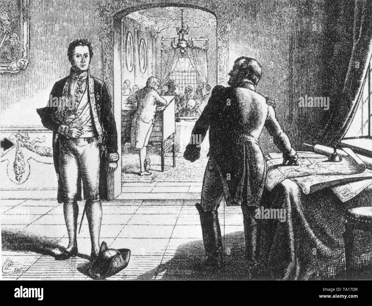 Fürst Klemens Wenzel von Metternich, ein österreichischer Politiker und Napoleon I. während der Verhandlungen Umgang mit Krieg oder Frieden in Europa am 26.06.1813. Napoleon war so begeistert, dass er seinen Hut auf den Boden warf. Die Verhandlungen sind gescheitert. Stockfoto