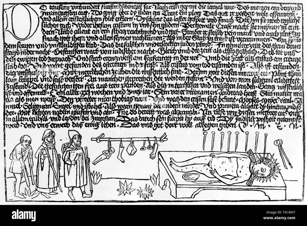 Kupferstich von Johannes Matthias Tuberinus. Unter Folter, Juden gestanden, im Jahr 1475 die Ermordung des jungen Simon. Seitdem, Simon wurde von der Katholischen Kirche als Märtyrer verehrt. Stockfoto