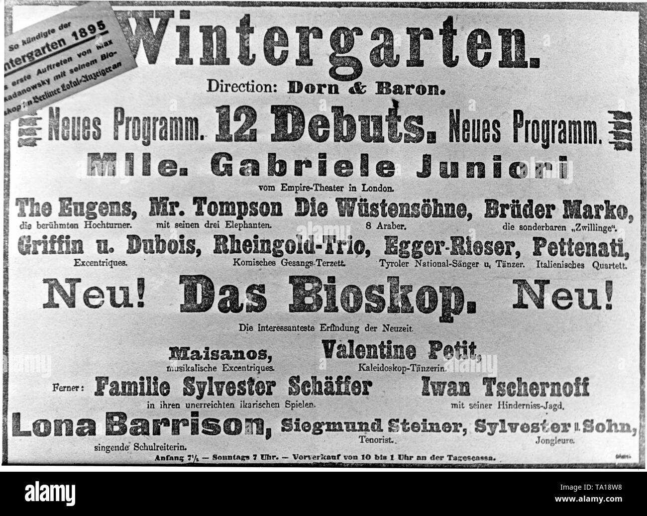 Ankündigung der ersten öffentlichen Vorführung in Berlin Wintergarten. Ein bioscope, ein Projektor von der Sladanowsky Brüdern, wurde für diesen Zweck verwendet. Stockfoto