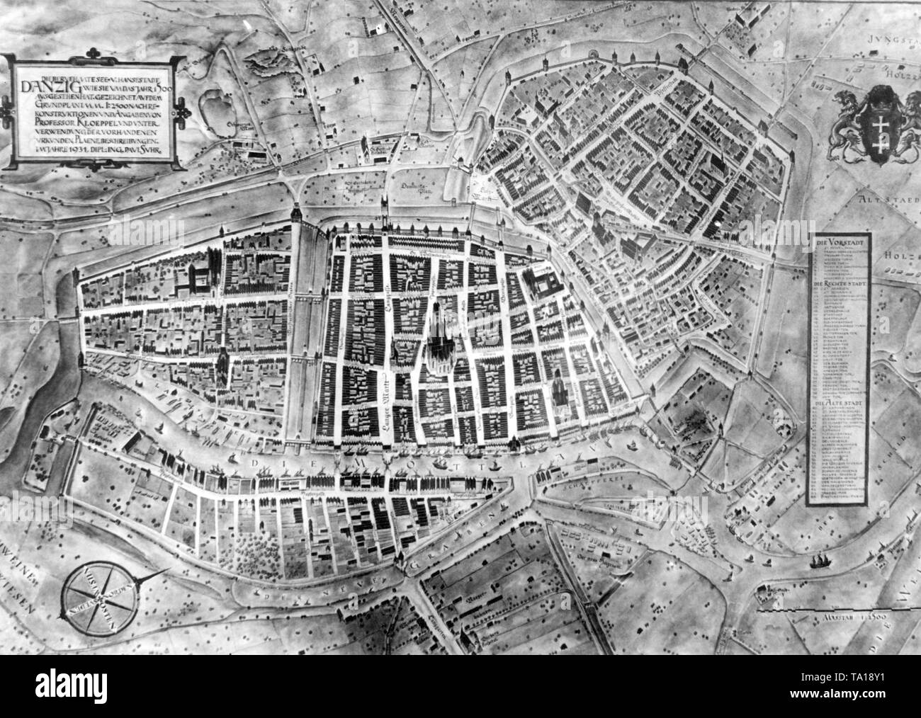Dieses Foto zeigt eine rekonstruierte Stadt Karte von Danzig von Professor O. Kloeppel. Der Plan war Teil von zwei Ausstellungen über die Nordische Architektur an der Technischen Hochschule in Danzig. Stockfoto