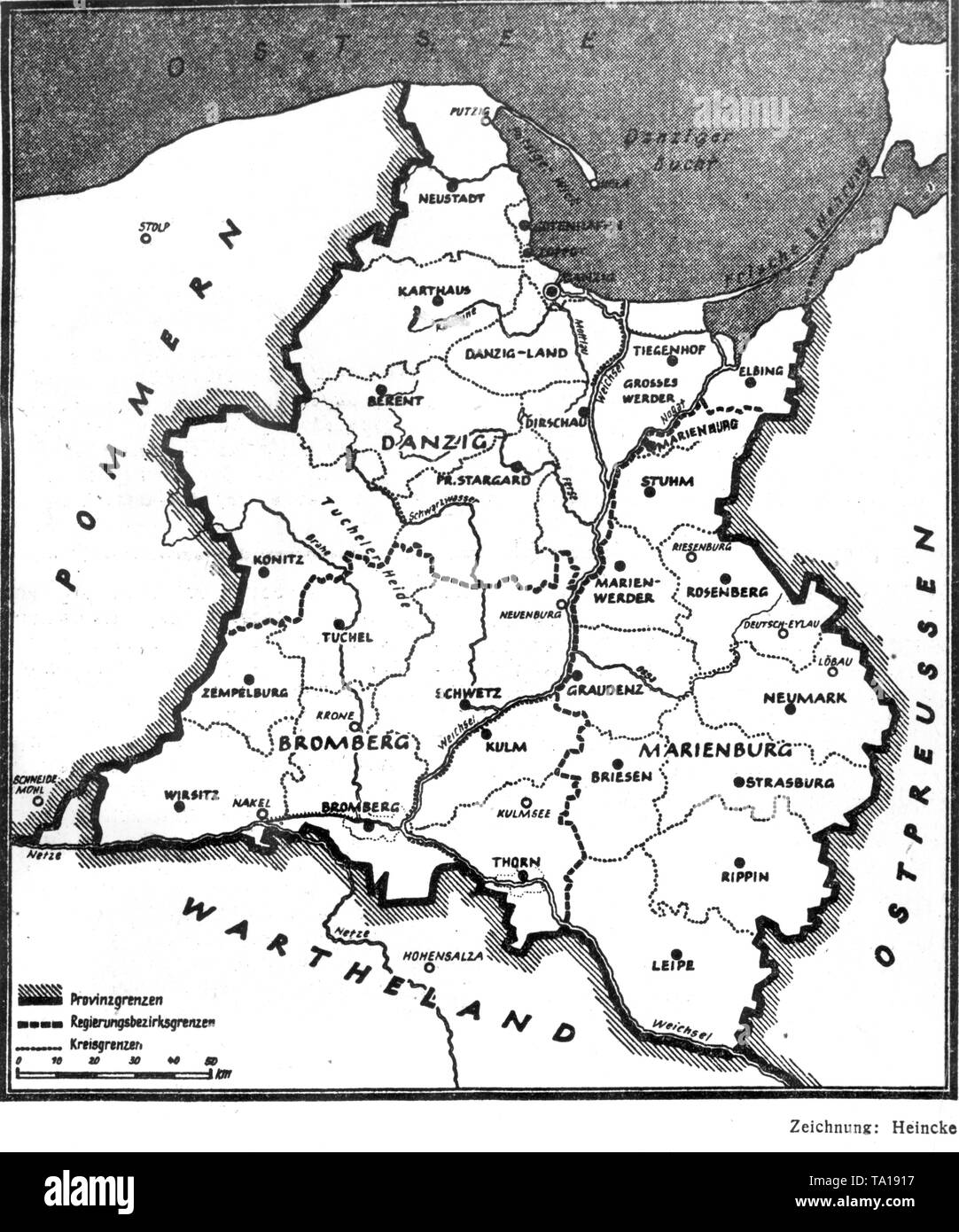 Karte der Reichsgau Gdansk-West Preußen, der illegal durch die Nationalsozialisten nach der Invasion von Polen annektiert wurde. Zeichnung von Heincke. Stockfoto