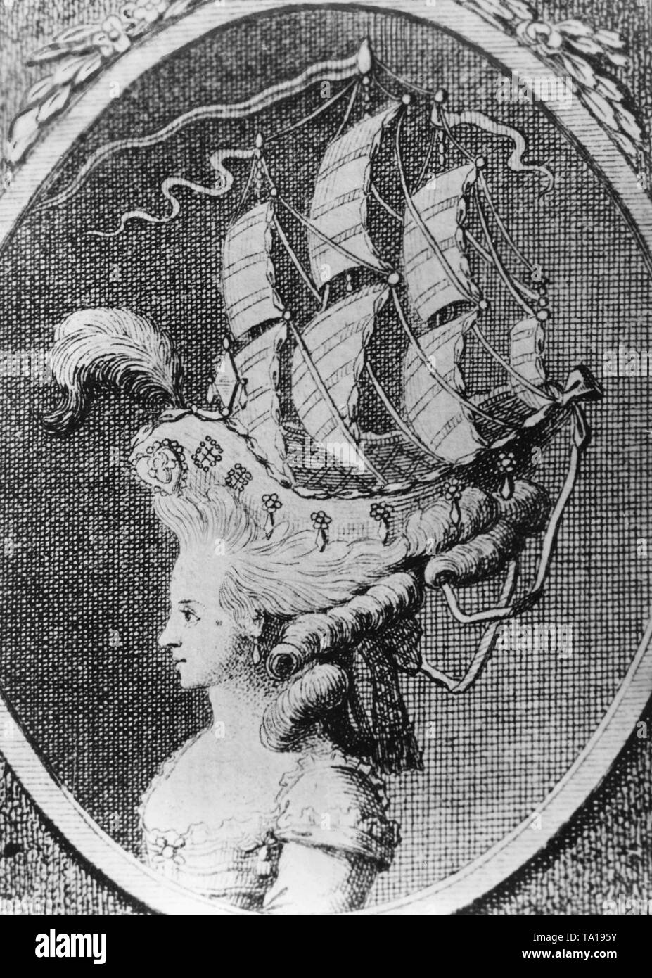 Abbildung: eine Perücke aus dem 18. Jahrhundert. Diese Frisur war es nannte, "La Belle Poule" und erinnert an die französische Fregatte "Belle Poule'. Stockfoto