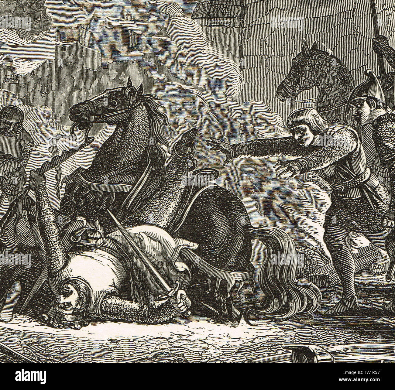Wilhelm der Eroberer, der von seinem Pferd, während die Beschlagnahme Mantes, Frankreich, 1087 Stockfoto