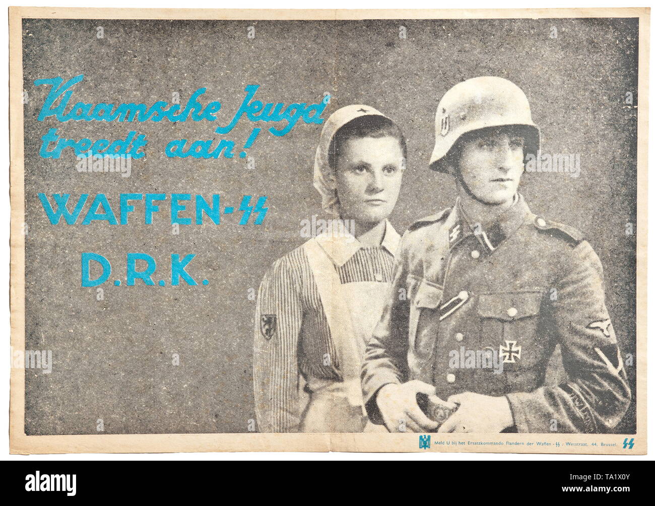 Eine flämische Plakatwerbung der Waffen-SS und dem Deutschen Roten Kreuz durch die Ersatzkommando Jesteburg der Waffen-SS historischen, historische, 20. Jahrhundert, 1930S, 1940s, Waffen-SS, bewaffneten Division der SS, bewaffneten Service, Streitkräfte, NS, Nationalsozialismus, Nationalsozialismus, Drittes Reich, Deutsche Reich, Deutschland, Militär, Militaria, Utensilien, Ausrüstung, Geräte, Objekt, Objekte, Fotos veröffentlicht, Clipping, Clippings, Ausschneiden, Ausschneiden, Ausschnitten, Faschismus, faschistische, nationalsozialistische, NS, NS-Zeit, Editorial-Use - Nur Stockfoto