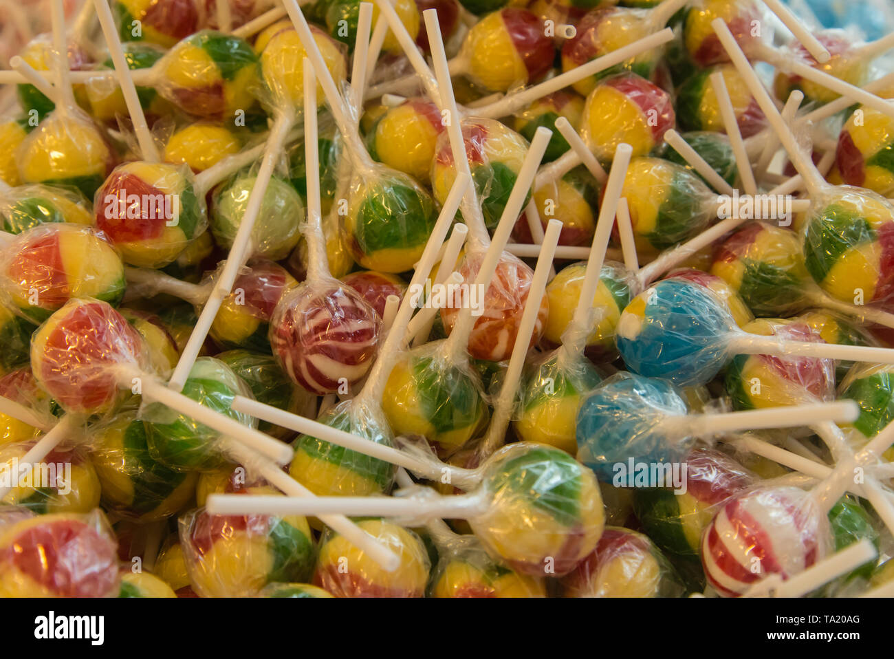 Candy am Stiel oder Lutscher Hintergrund oder Textur Stockfoto