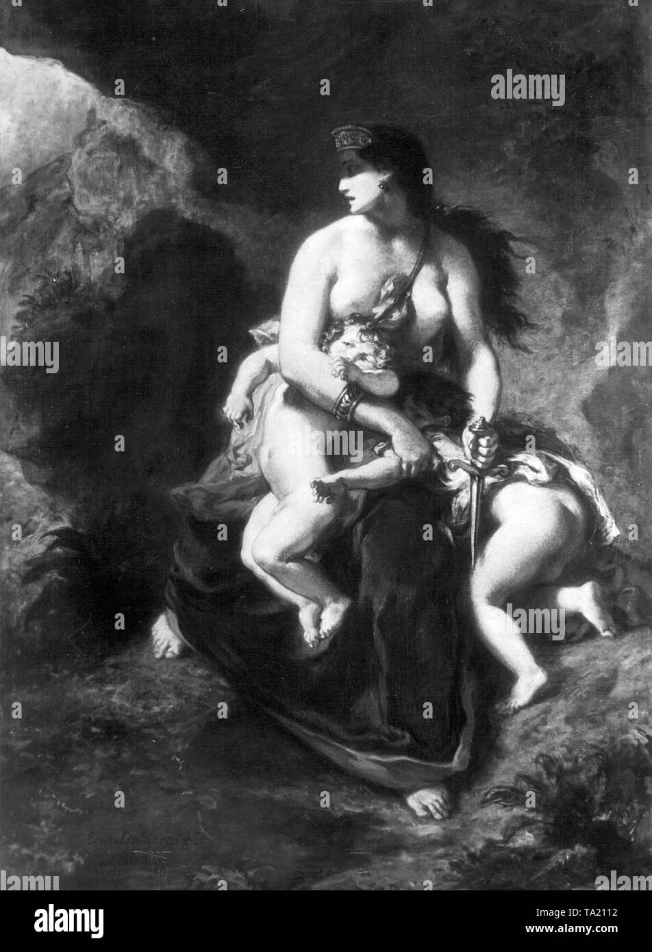 Foto nach dem Gemälde 'Medea zu ihren Kindern" von Eugene Delacroix aus dem Jahr 1838 Töten Stockfoto