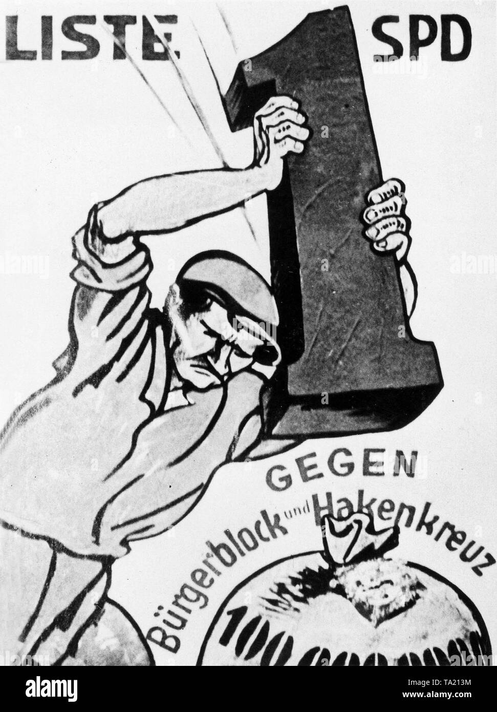 SPD-Wahlplakat für den Reichstag Wahlen am 14. September 1930. Ein Arbeiter zertrümmert, das Hakenkreuz mit dem Slogan: Buergerblock (eine Koalition der bürgerlichen Parteien) gegen Hakenkreuz. Stockfoto