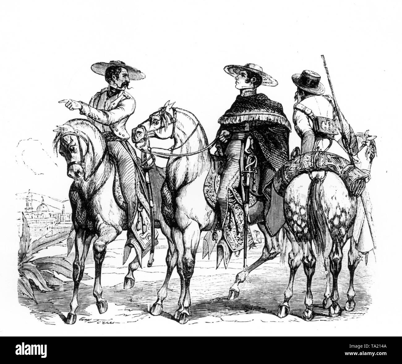 Der mexikanische General Antonio Lopez de Santa Anna (Mitte) mit seinem Adjutanten Arista (links) nach einer zeitgenössischen Zeichnung. Santa Anna verkündet Mexiko eine unabhängige Republik 1823 Nach vielen blutigen Aufständen. Stockfoto