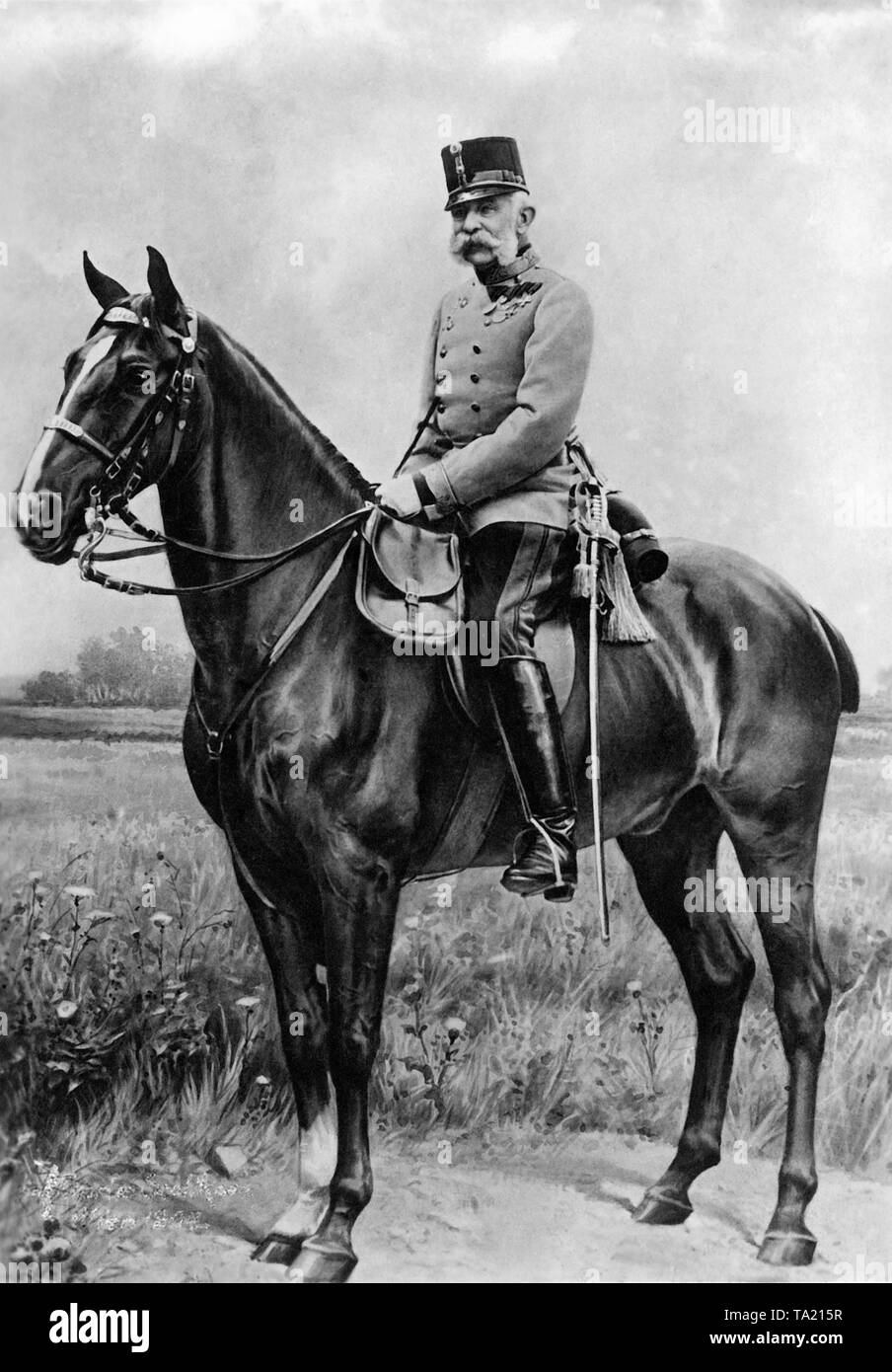 Franz Joseph I (1830-1916), Kaiser von Österreich und König von Ungarn, auf dem Rücken der Pferde. Stockfoto