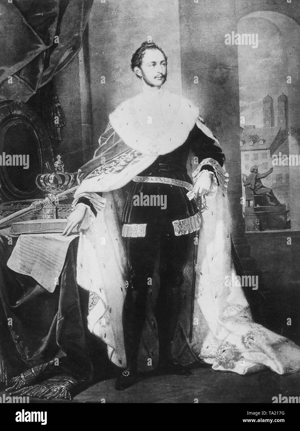 Maximilian II Joseph, König von Bayern (1848-64). Max II. bestieg den Thron nach der Abdankung seines Vaters König Ludwig I. von Bayern. Er ermutigte die wissenschaftlichen und künstlerischen Lebens in München. Die zeitgenössische Darstellung zeigt ihn in der Gewohnheit des Hubertus Ritter. Stockfoto