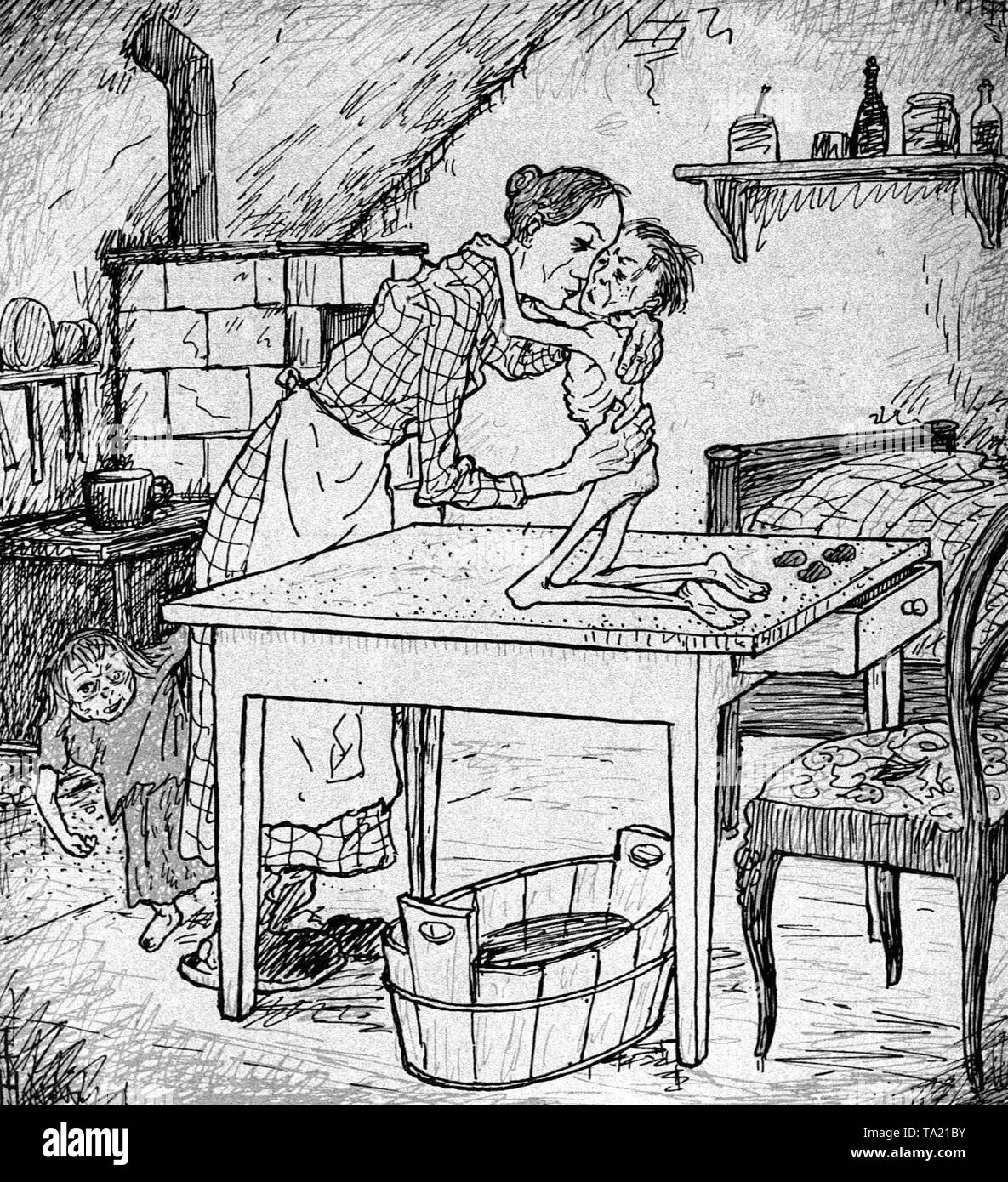 Eine Karikatur des Künstlers Trost auf Reparationen der Vertrag von Versailles in der 'Simplicissimus', die in der Ausgabe vom 24.06. 1919. Text: "Warte nur, sobald wir geliefert haben Hunderte von Milliarden, können wir wieder Essen". Stockfoto