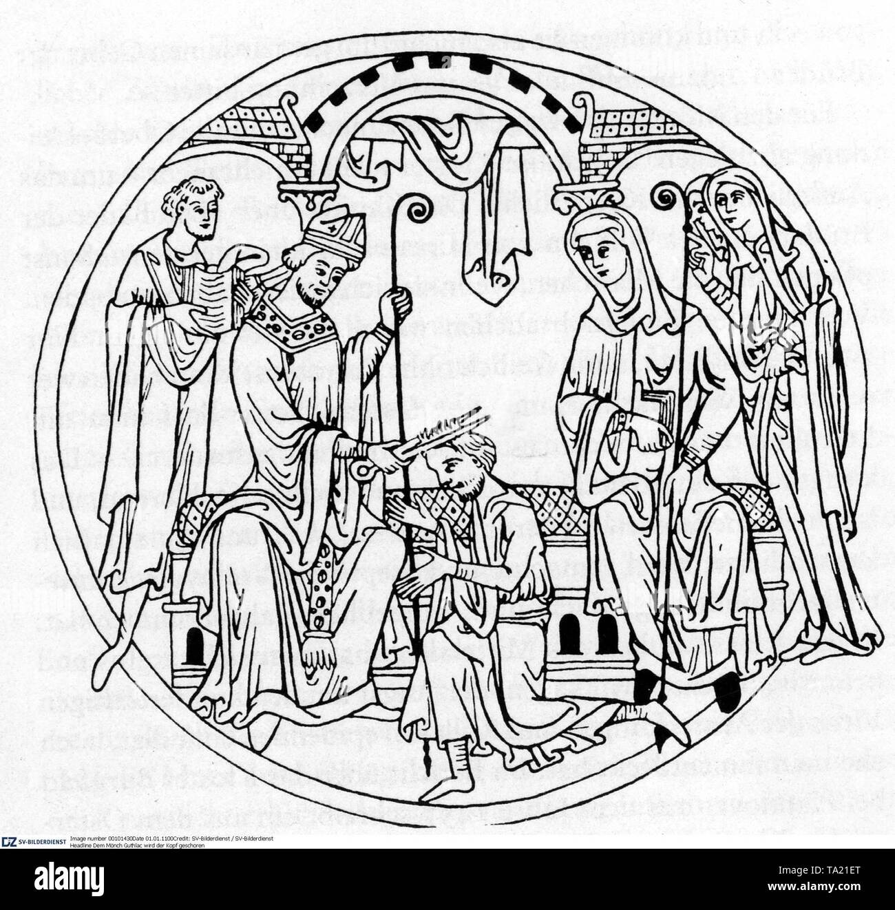 Die später englischen St. Guthlac ist tonsured vom Bischof in Repton Abtei. Hinter der Bischof ist der Schreiber mit einem Buch, rechts eine Äbtissin mit zwei Nonnen (Zeichnung aus der 'Guthlac Roll' aus dem Ende des 12. Jahrhunderts). Die Schereinheit des Kopfes, ursprünglich das Vorzeichen der Sklaven im alten Rom, war einer privaten Zeremonie in der westlichen Kirche des 7. Jahrhunderts, an den Eintritt eines jungen Mannes im Kloster. Stockfoto