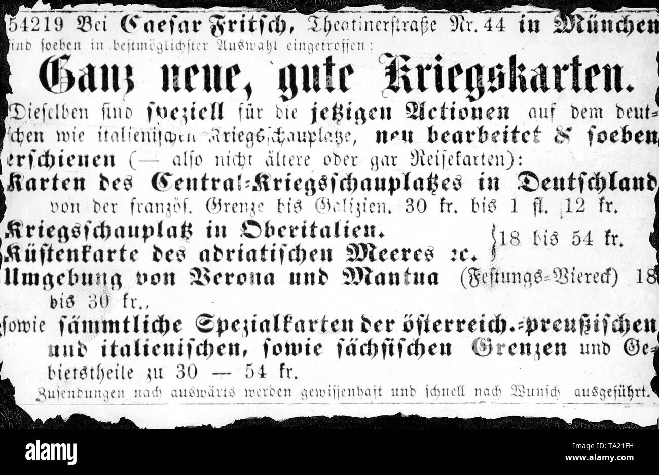Diese Zeitung Werbung auf den Preußisch-Österreichischen Krieg 1866 ergänzende erschien in einer Münchner Tageszeitung. Stockfoto