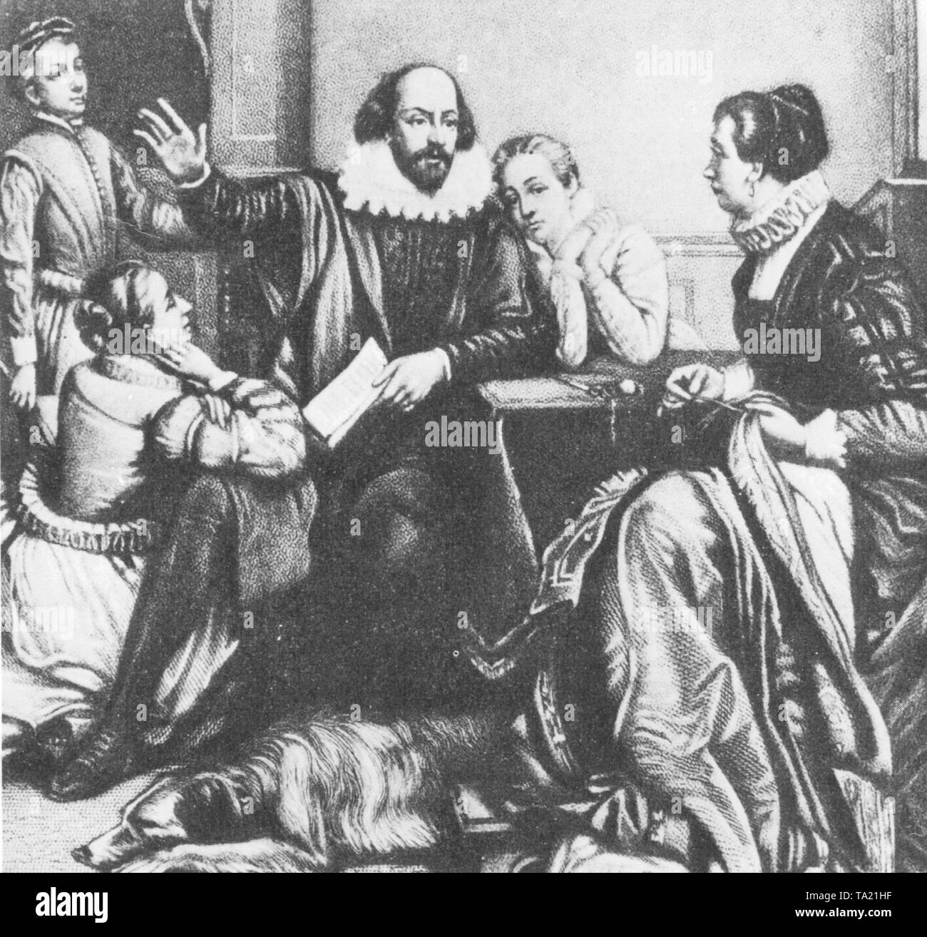 Der englische Dichter William Shakespeare bei der Präsentation der Weiler zusammen mit seiner Familie. Rechts im Bild, seine Frau Anne Hathaway, auf Shakespeares Seite seine beiden Töchter Elisabeth und Judith. Stockfoto