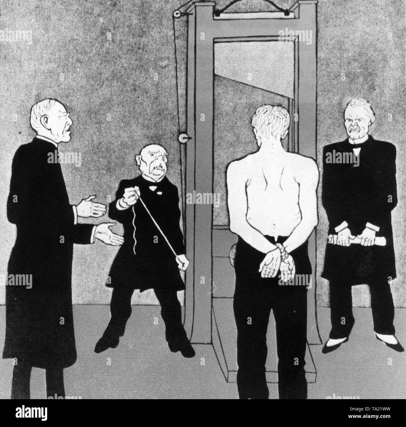 Karikatur von der Zeitschrift implicissimus', 1919. Die "Gewinner" des Ersten Weltkrieges, Wilson, Clemenceau und Lloyd Georg lassen Sie nicht zu, dass die Deutschen keine Wahl. Stockfoto