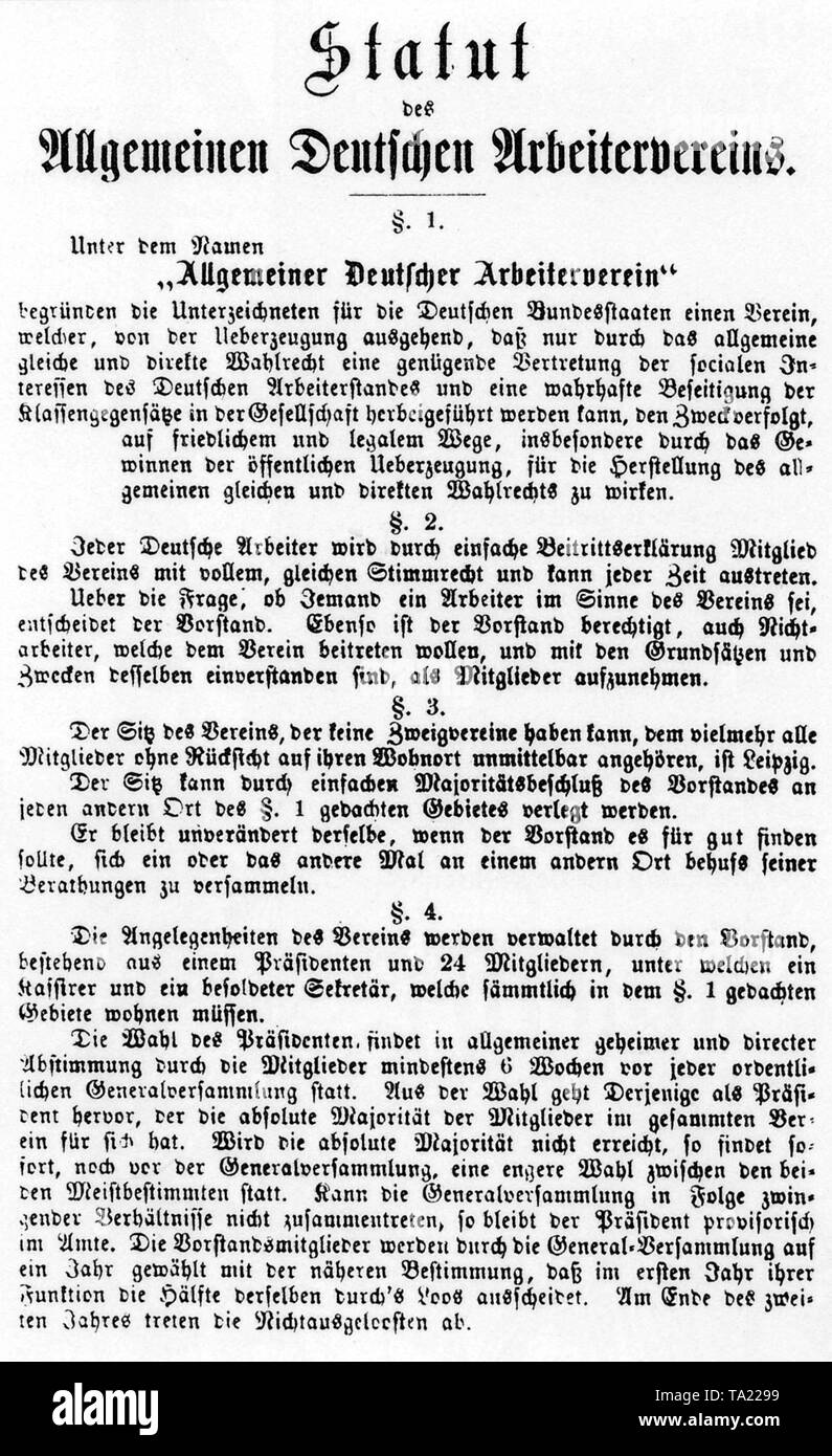 Regelungen des Allgemeinen Deutschen Arbeiterverein 1863 Stockfoto