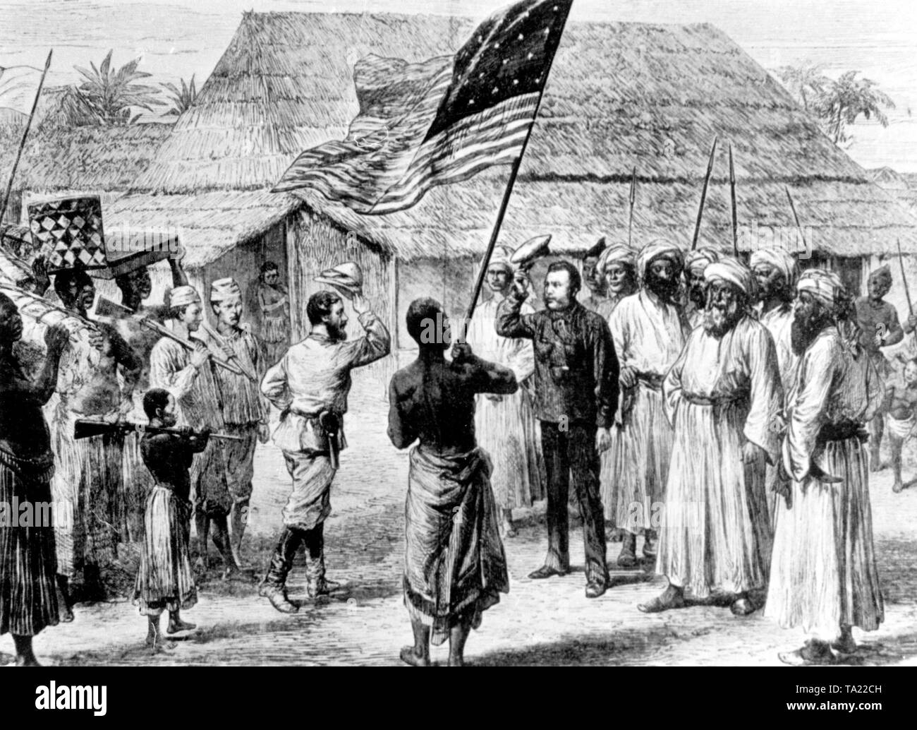 Henry Stanley gründet verloren explorer David Livingston am 10. November 1871 in Ujiji nahe Lake Tanganyika im heutigen Tansania. Stockfoto