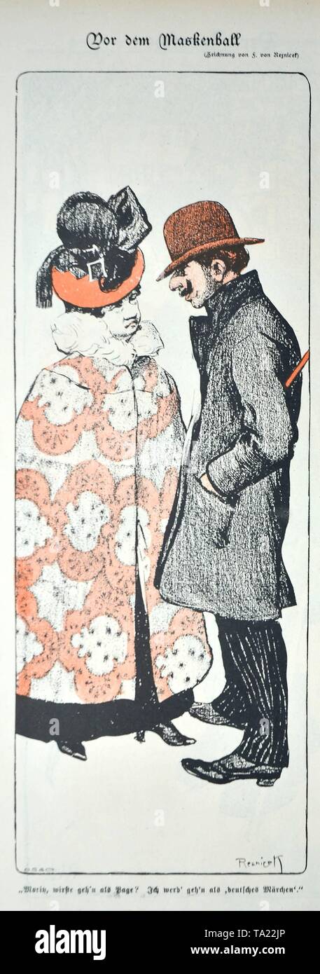 Karikatur aus der satirischen Zeitschrift implicissimus'. Titel der Zeichnung ist "Vor dem Maskenball" (Vor dem maskenball). Ferdinand von Reznicek gezeichnet. Gedruckt in den Vol. 4, Issue No. 45, S. 360. Unter der Cartoon die Inschrift sagt: "oriz, kann ich gehen als Bage, werde ich als Deutscher Mädchen". Stockfoto