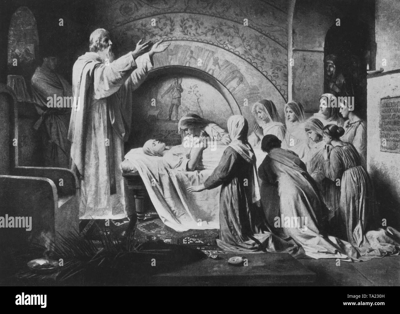 Historisierende Darstellung einer Beerdigung in die Katakomben von Rom, die unterirdischen Begräbnisstätten der frühen Christen im antiken Rom. Nach einem Gemälde von A. Gras von um 1890. Stockfoto