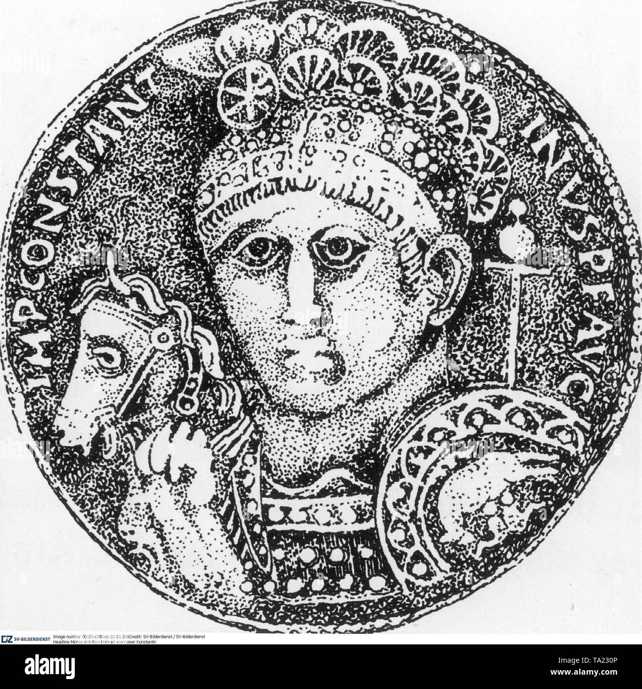 Eine Münze mit dem Bild des ersten Christlichen römischen Kaiser. Auf der Kopfbedeckung das Zeichen des Kreuzes kann hier zum ersten Mal anerkannt werden. Stockfoto