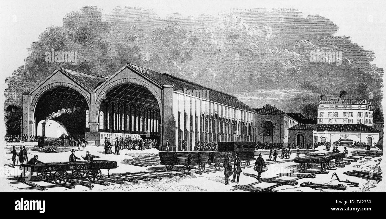 Der alte Nordbahnhof (Gare du Nord), Paris und Brüssel angeschlossen wurde durch den Architekten Leonce Reynaud konzipiert. Kupferstich von 1847. Stockfoto