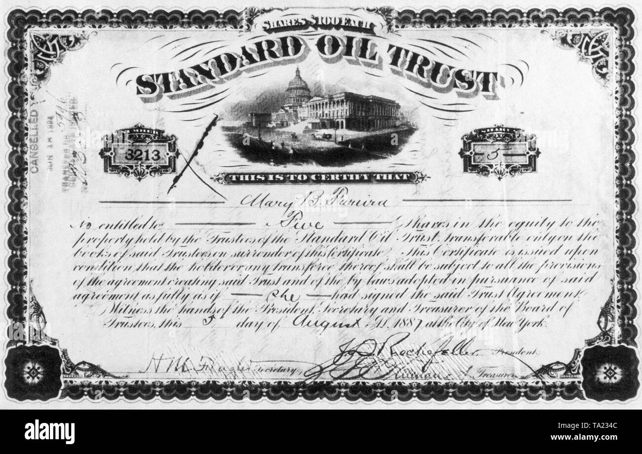 Ein Zertifikat der Ölgesellschaft Standard Oil, die durch den Firmengründer John D. Rockefeller unterzeichnet wurde. Stockfoto