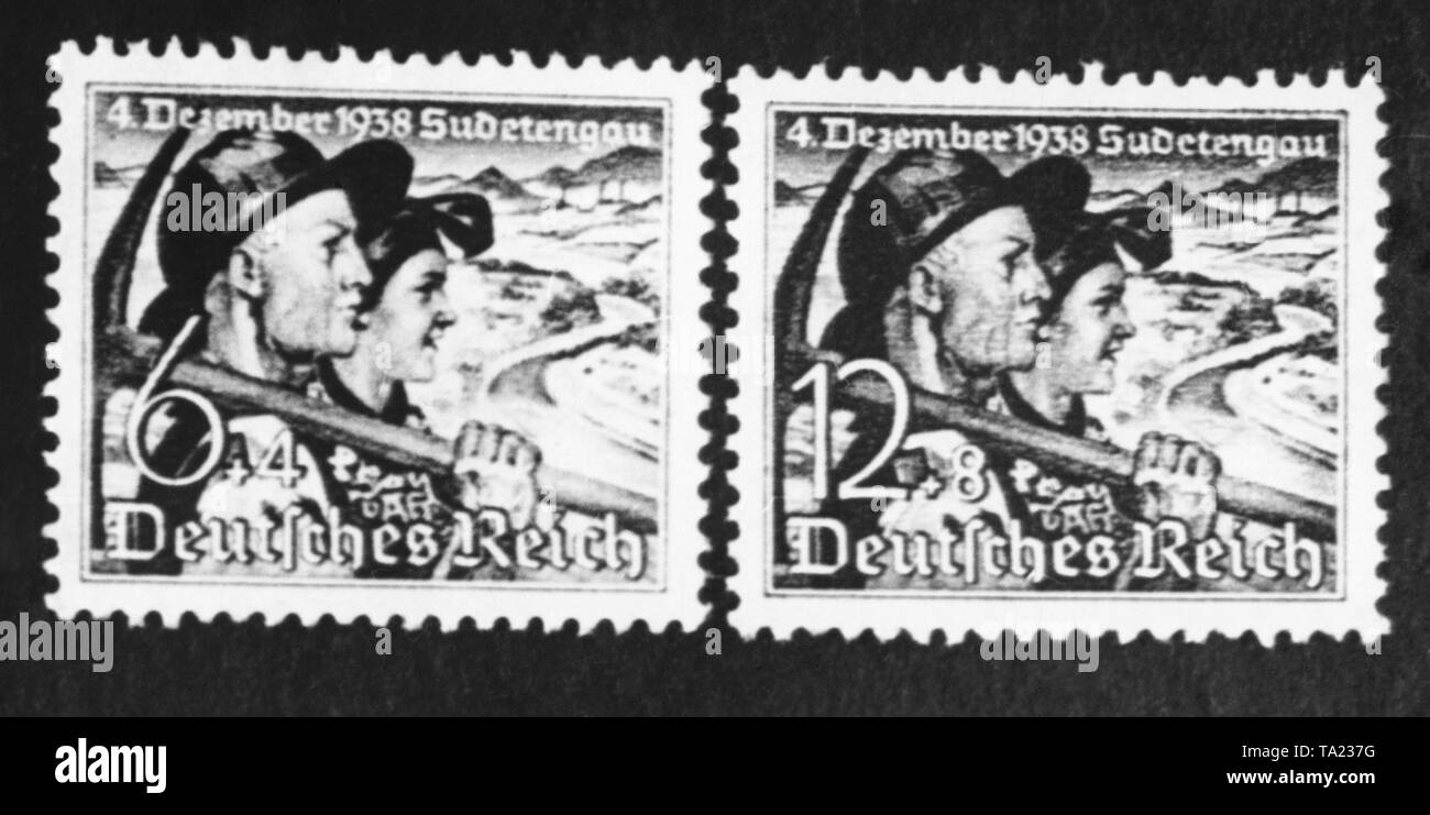 Sondermarke anlässlich der Sudetendeutschen. Auf dem Stempel, eine Sudetendeutsche Paar und das Datum der Parlamentswahlen. Bei der Wahl ist die Annexion des Sudetenlandes an das Deutsche Reich gewählt zu werden. Stockfoto