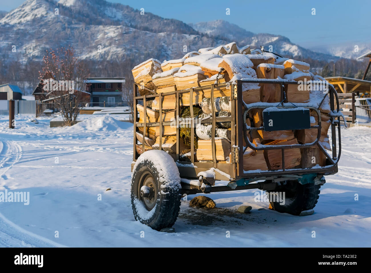 Warenkorb, Anhänger, Wagen für den Transport von Brennholz wird für den Verkauf in der Landschaft in den Schnee im Winter Stockfoto