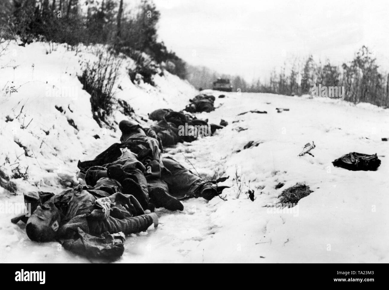 Sowjetische Soldaten getötet in einem strassenrand Graben während der deutschen Gegenoffensive "Konrad III". Stockfoto