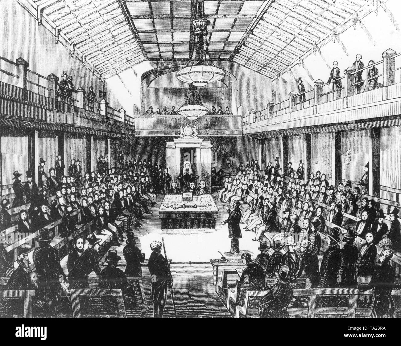 Zeichnung eines Treffens im Unterhaus in London von 1844. Das Bild zeigt das alte Parlamentsgebäude, das Neue im Jahre 1860 abgeschlossen wurde. Stockfoto