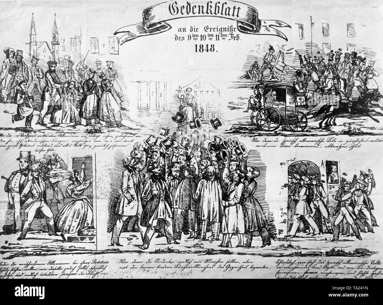 Commemorative Papier der Ereignisse zwischen dem 9. und 11. Februar 1848, die Revolution in Bayern (Lola Montez). Stockfoto