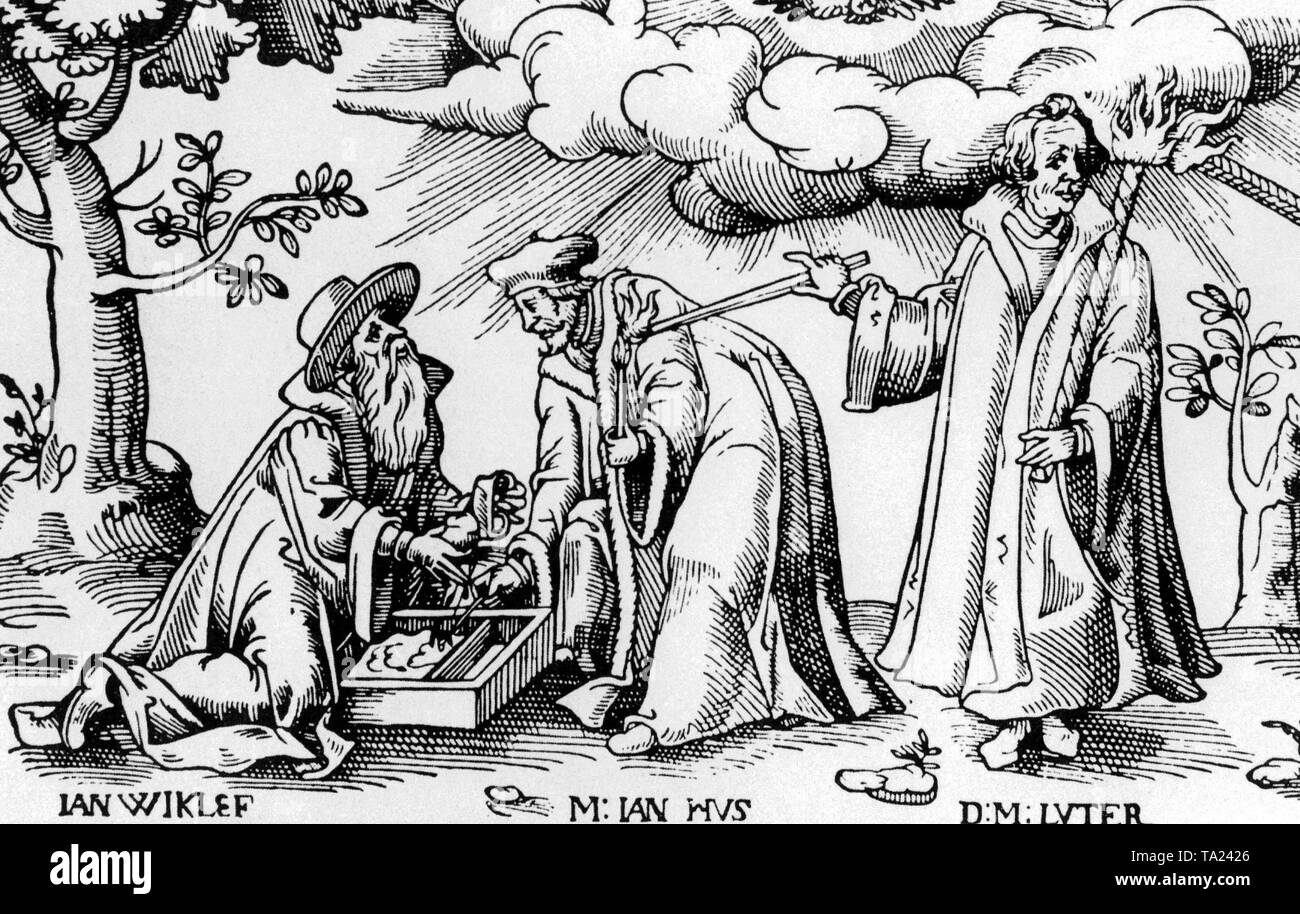 Auf dem Holzschnitt aus dem ersten Drittel des 16. Jahrhunderts, die Flamme der wahren christlichen Glauben wird von John Wycliffe zu Jan Hus, die wiederum leitet Sie an Martin Luther. Während der Heilige Geist schwebt über den Wolken, die Fackel des Glaubens cathes Feuer symbolisch die Zukunft. Stockfoto